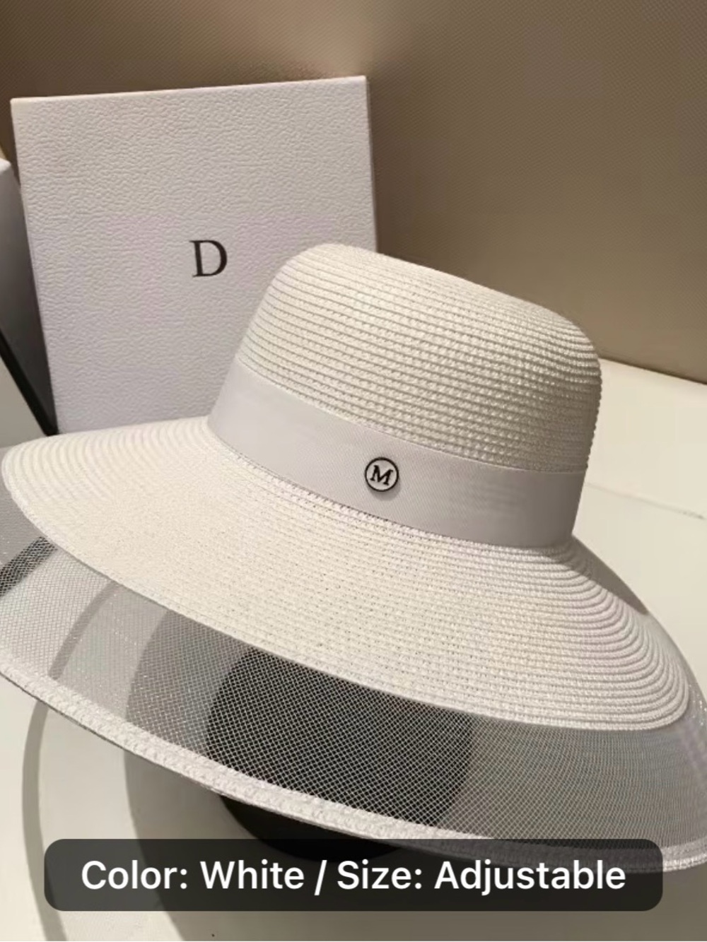 White Adjustable Wide-Brim Sun Hat with Mesh Trim
